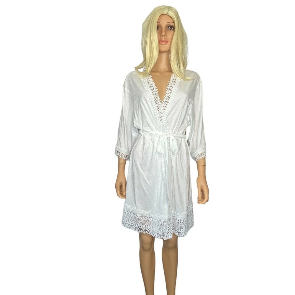 NWT Flora Nikrooz Womens Edie Cotton Lace Knit Short Wrap Robe S White MSRP $88 - Picture 4 of 12
